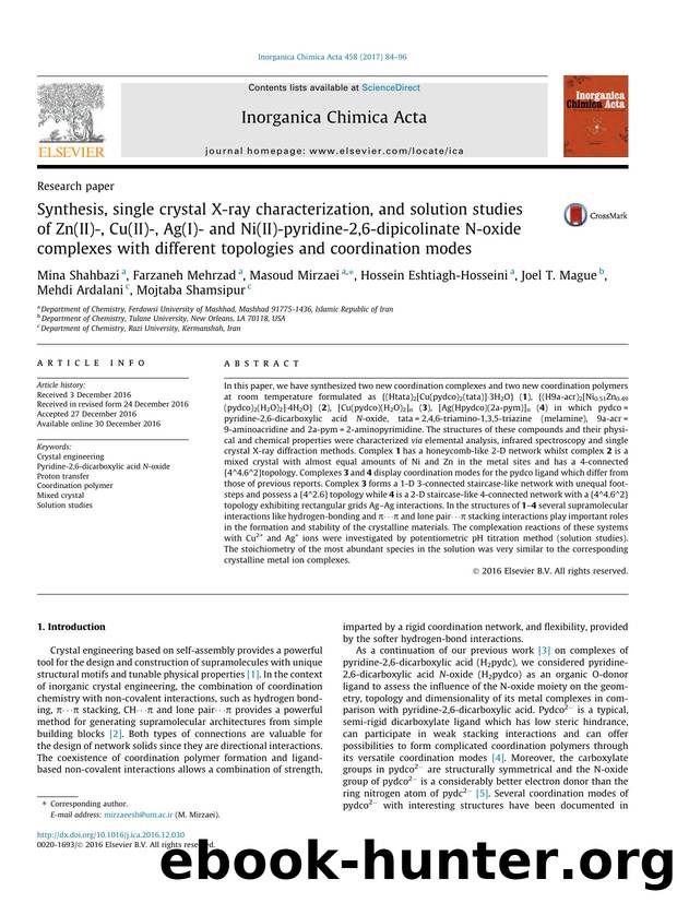 Synthesis, single crystal X-ray characterization, and solution studies of Zn(II)-, Cu(II)-, Ag(I)- and Ni(II)-pyridine-2,6-dipicolinate N-oxide complexes with different topologies  by unknow