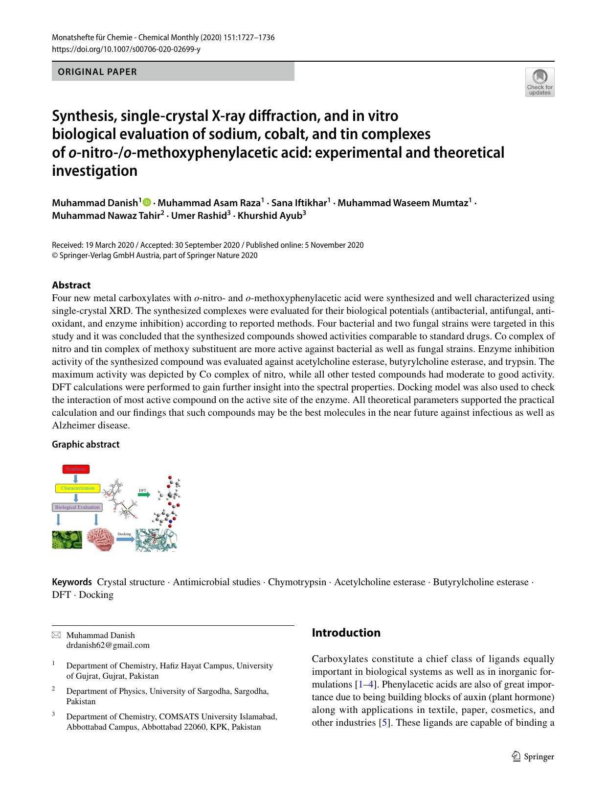 Synthesis, single-crystal X-ray diffraction, and in vitro biological evaluation of sodium, cobalt, and tin complexes of o-nitro-o-methoxyphenylacetic acid: experimental and theoretical investigation by unknow