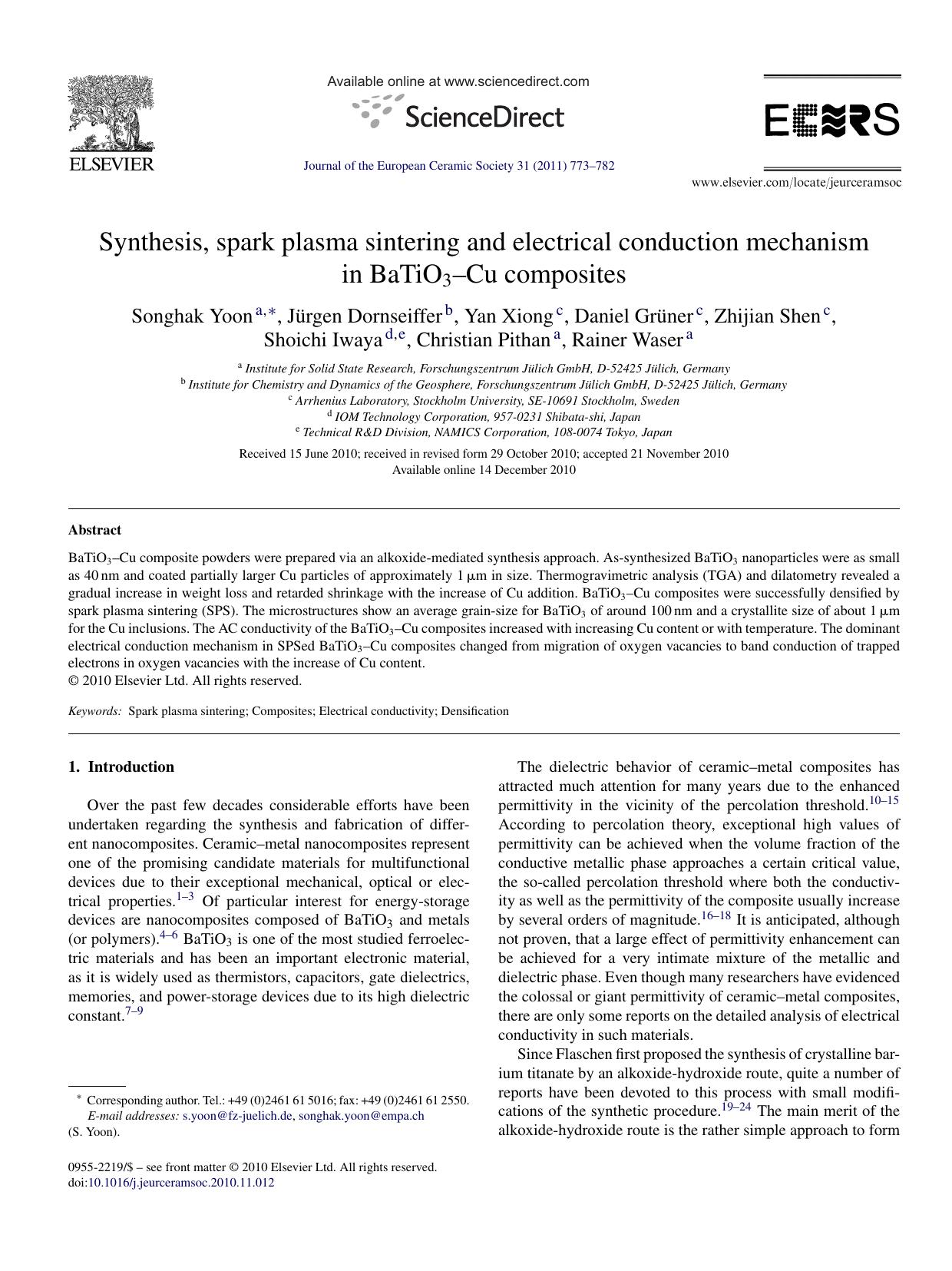 Synthesis, spark plasma sintering and electrical conduction mechanism in BaTiO3Ã¢â¬âCu composites by Songhak Yoon