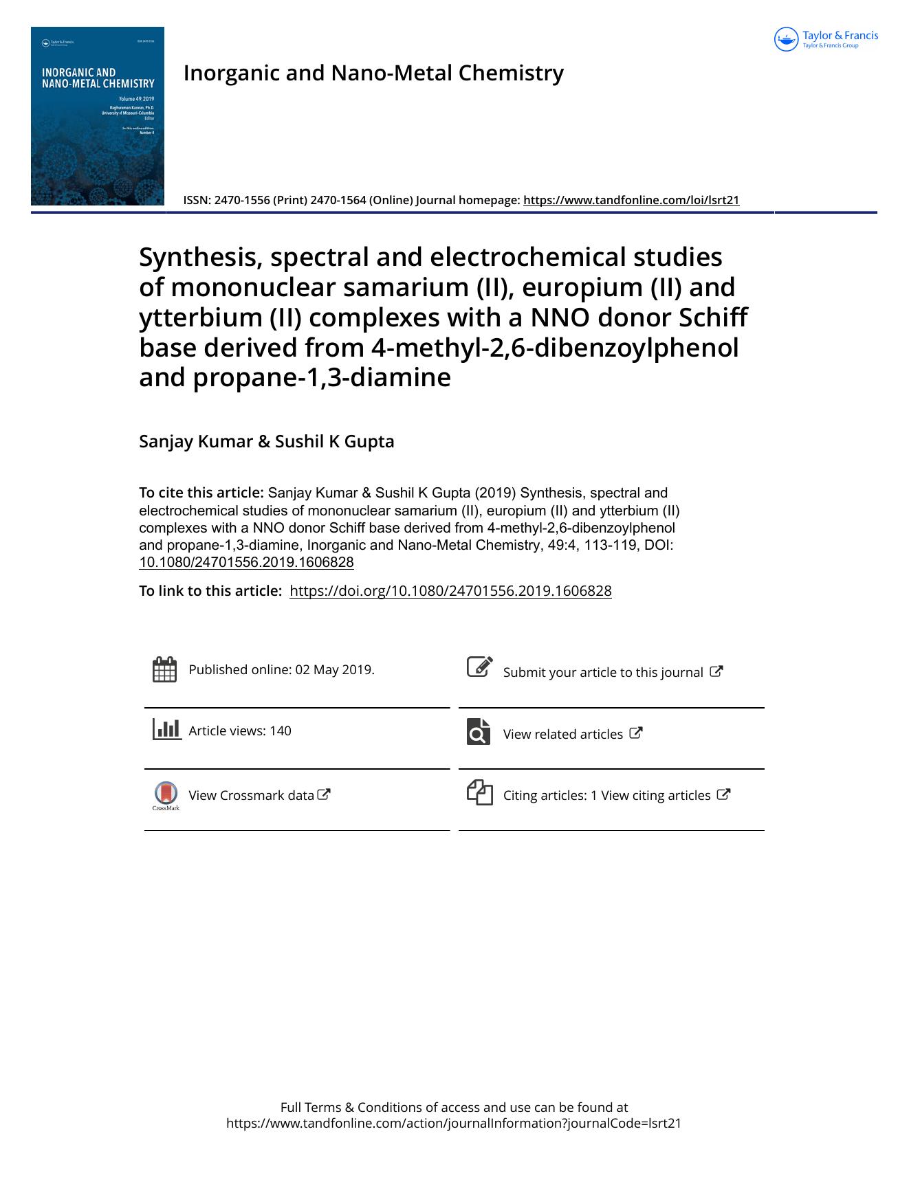 Synthesis, spectral and electrochemical studies of mononuclear samarium (II), europium (II) and ytterbium (II) complexes with a NNO donor Schiff base derived from 4-methyl-2,6-dibe by Kumar Sanjay & Gupta Sushil K