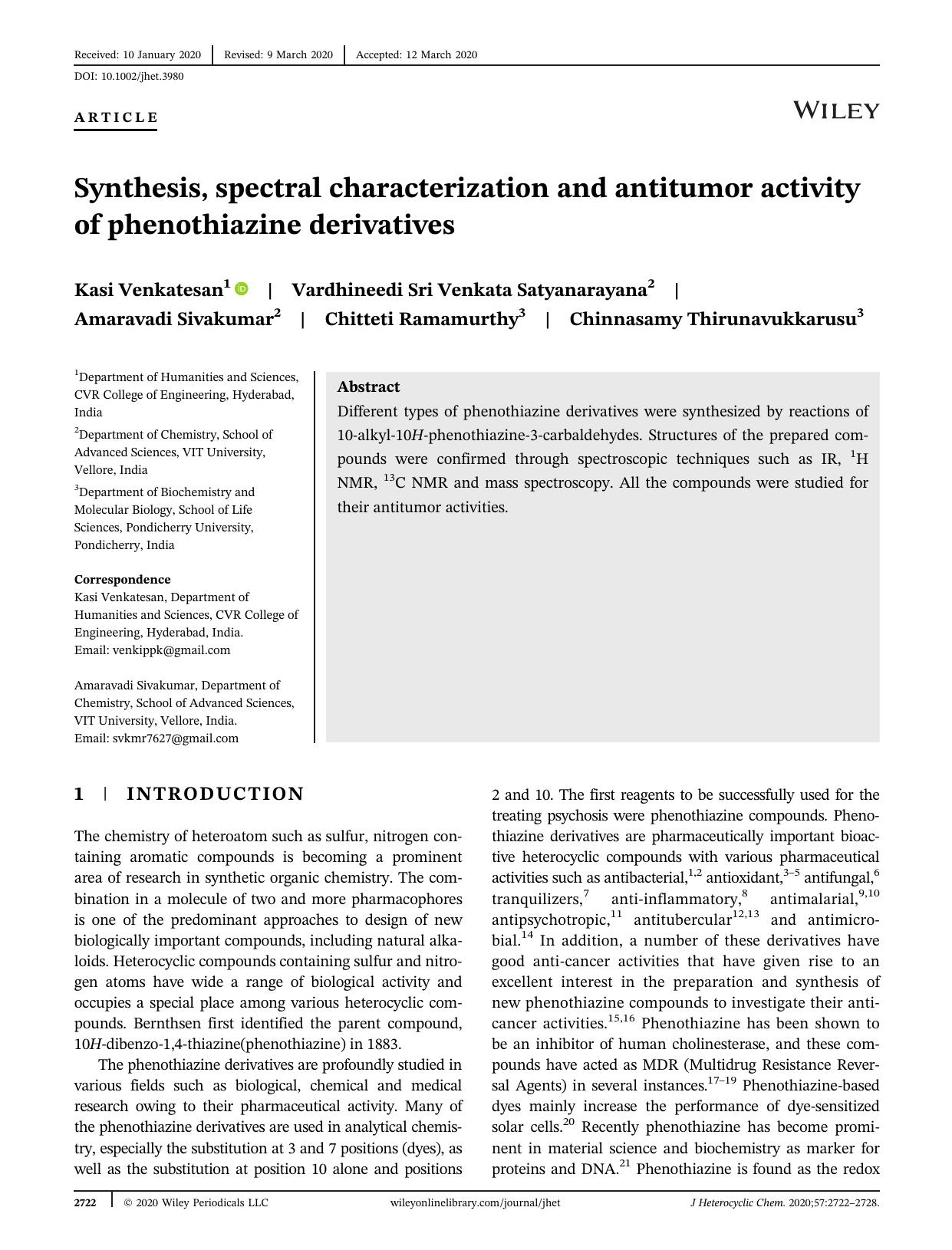 Synthesis, spectral characterization and antitumor activity of phenothiazine derivatives by Unknown