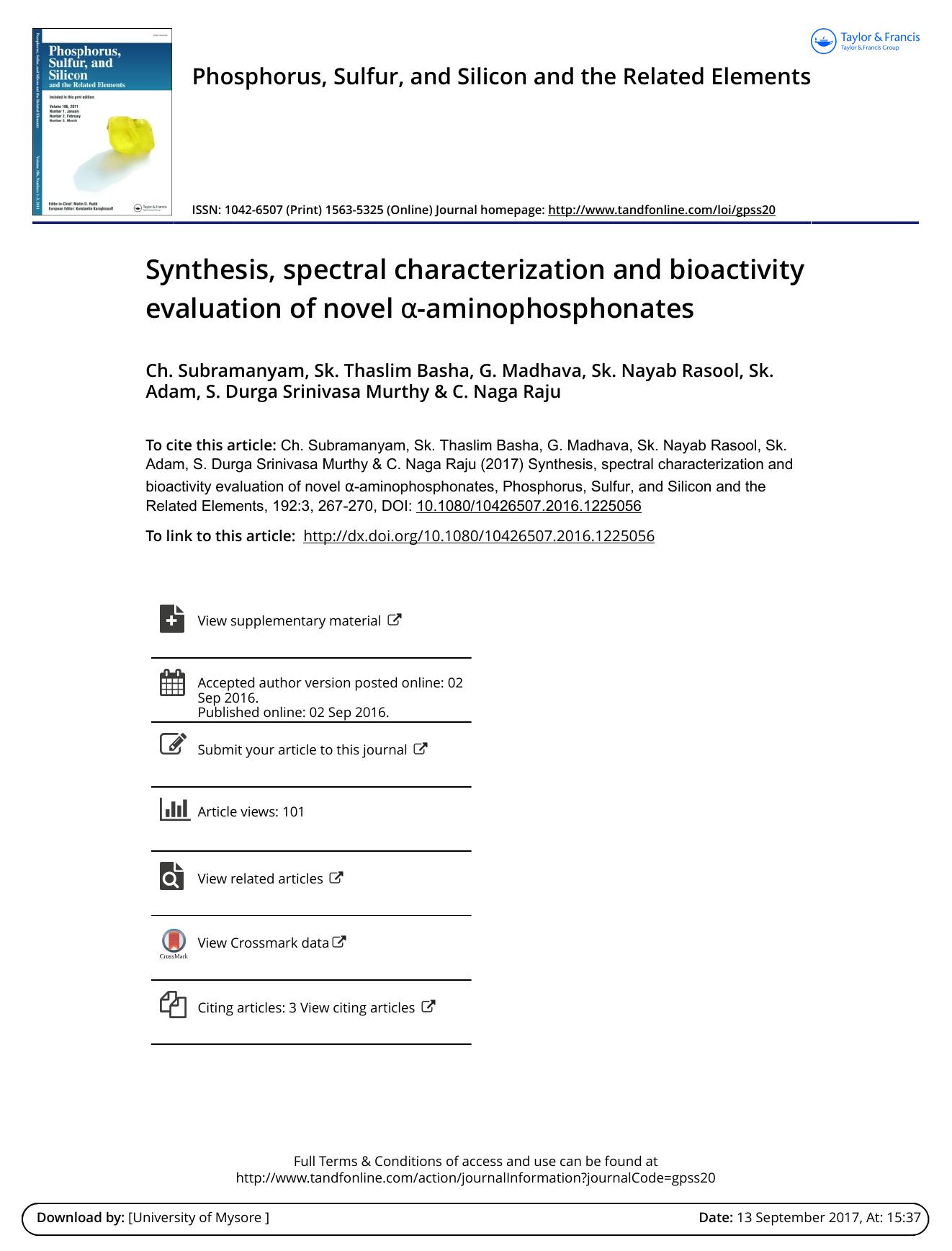 Synthesis, spectral characterization and bioactivity evaluation of novel -aminophosphonates by unknow