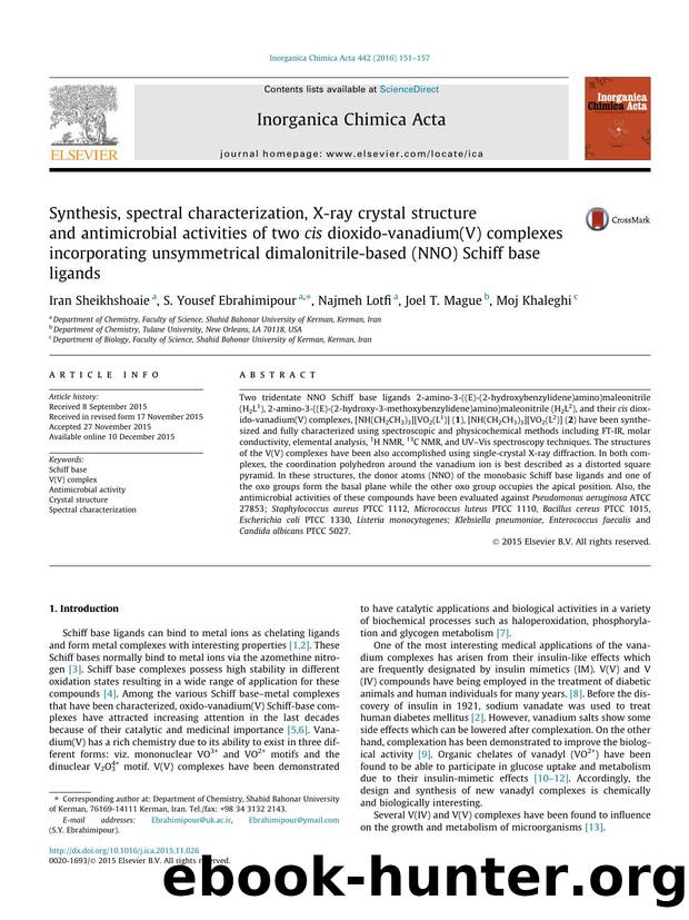 Synthesis, spectral characterization, X-ray crystal structure and antimicrobial activities of two cis dioxido-vanadium(V) complexes incorporating unsymmetrical dimalonitrile-based  by Iran Sheikhshoaie & S. Yousef Ebrahimipour & Najmeh Lotfi & Joel T. Mague & Moj Khaleghi
