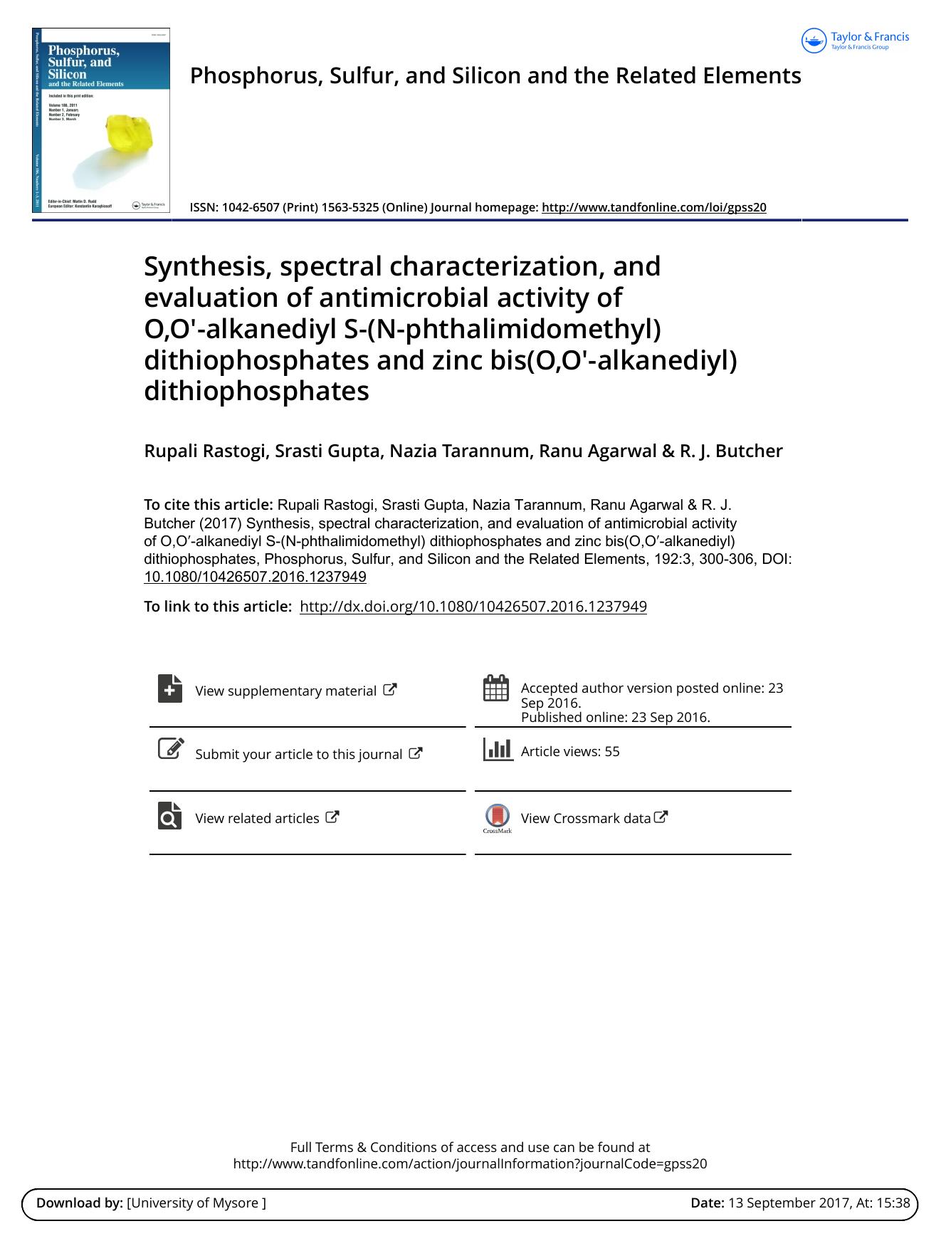 Synthesis, spectral characterization, and evaluation of antimicrobial activity of O,O-alkanediyl O,O-(O,O-phthalimidomethyl) dithiophosphates and zinc bis(O,O-alkanediyl) dithiophosphates by Rupali Rastogi & Srasti Gupta & Nazia Tarannum & Ranu Agarwal & R. J. Butcher