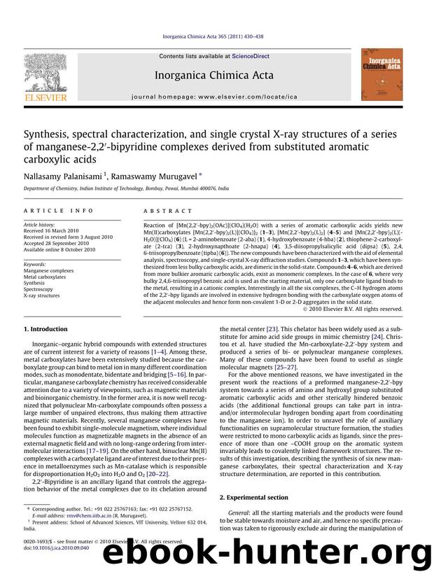Synthesis, spectral characterization, and single crystal X-ray structures of a series of manganese-2,2Ã¢â¬Â²-bipyridine complexes derived from substituted aromatic carboxylic acids by Nallasamy Palanisami & Ramaswamy Murugavel