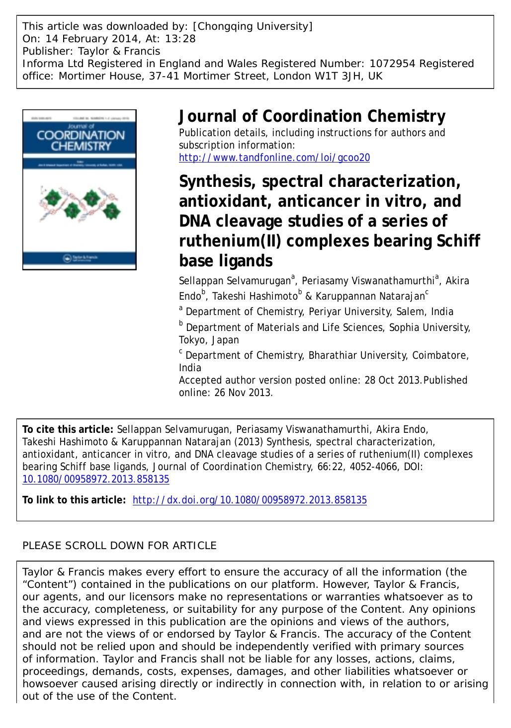 Synthesis, spectral characterization, antioxidant, anticancer in vitro, and DNA cleavage studies of a series of ruthenium(II) complexes bearing Schiff base ligands by unknow
