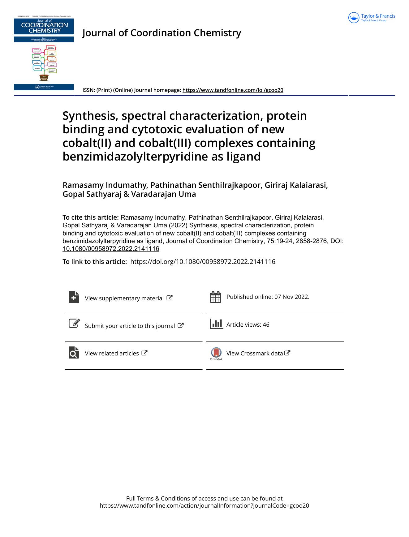 Synthesis, spectral characterization, protein binding and cytotoxic evaluation of new cobalt(II) and cobalt(III) complexes containing benzimidazolylterpyridine as ligand by unknow