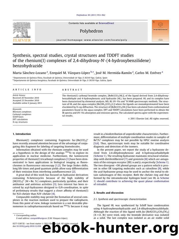 Synthesis, spectral studies, crystal structures and TDDFT studies of the rhenium(I) complexes of 2,4-dihydroxy-NÃ¢â¬Â²-(4-hydroxybenzilidene) benzohydrazide by Marta SÃ¡nchez-Lozano & Ezequiel M. Vázquez-López & José M. Hermida-Ramón & Carlos M. Estévez