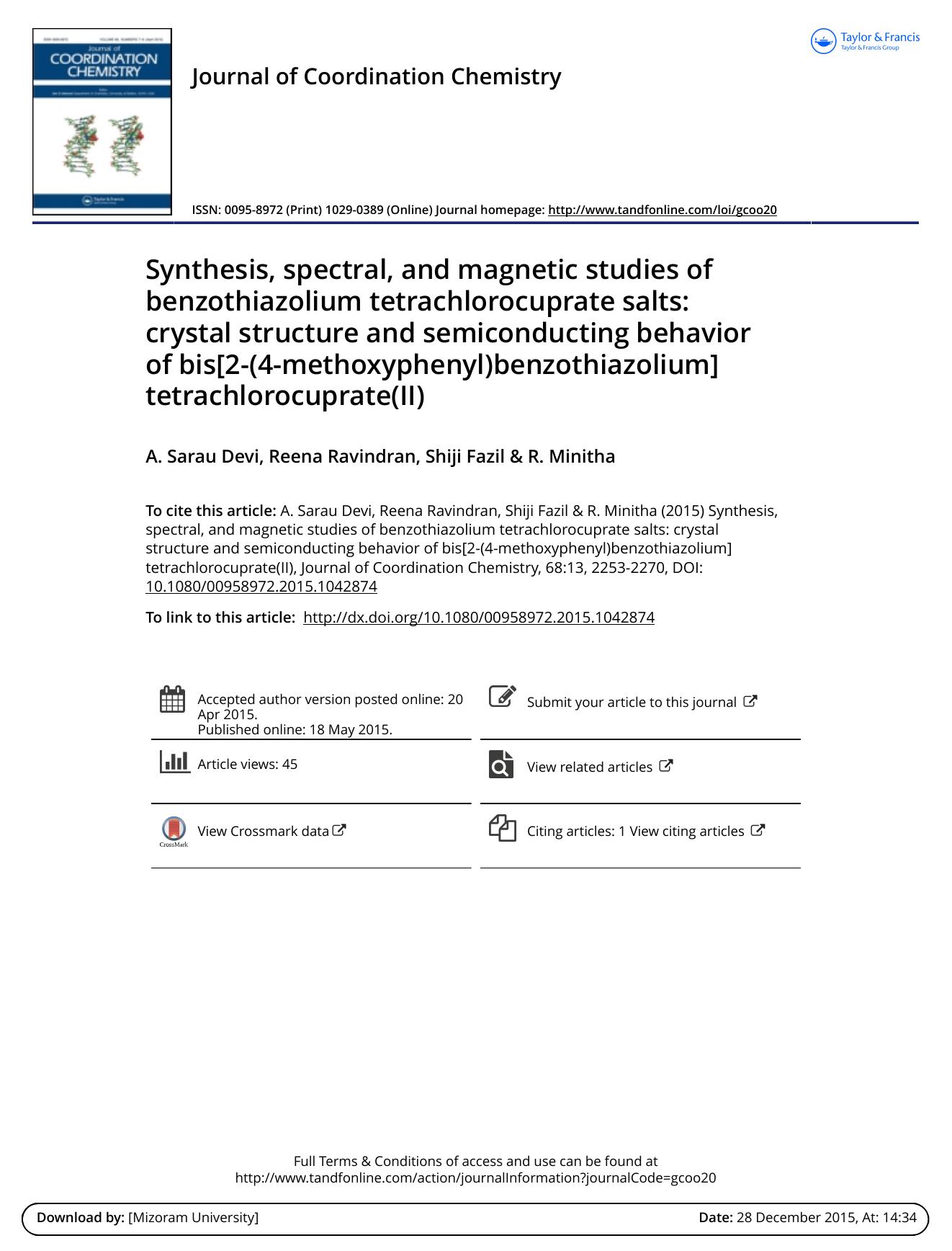 Synthesis, spectral, and magnetic studies of benzothiazolium tetrachlorocuprate salts: crystal structure and semiconducting behavior of bis[2-(4-methoxyphenyl)benzothiazolium] tetrachlorocuprate(II) by A. Sarau Devi