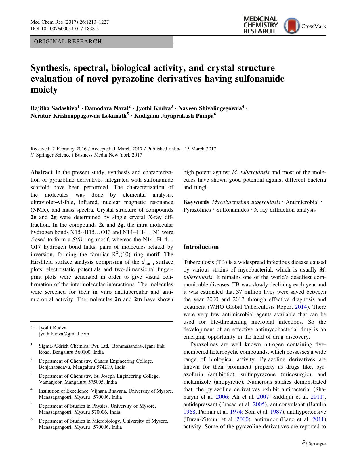 Synthesis, spectral, biological activity, and crystal structure evaluation of novel pyrazoline derivatives having sulfonamide moiety by unknow