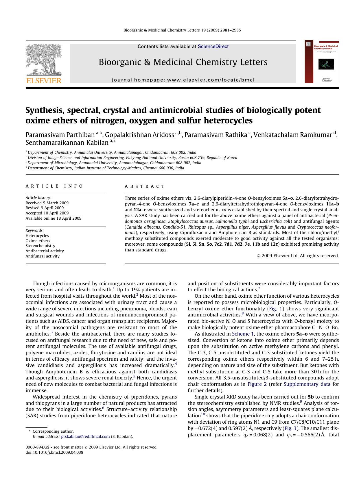 Synthesis, spectral, crystal and antimicrobial studies of biologically potent oxime ethers of nitrogen, oxygen and sulfur heterocycles by unknow
