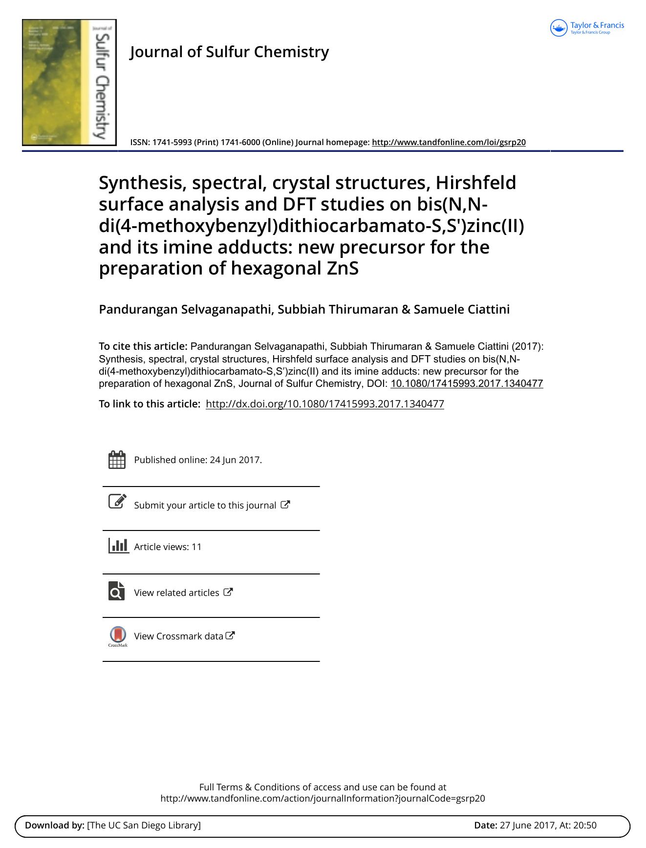 Synthesis, spectral, crystal structures, Hirshfeld surface analysis and DFT studies on bis(N,N-di(4-methoxybenzyl)dithiocarbamato-S,S)zinc(II) and its imine adducts: new precursor by Pandurangan Selvaganapathi; Subbiah Thirumaran; Samuele Ciattini
