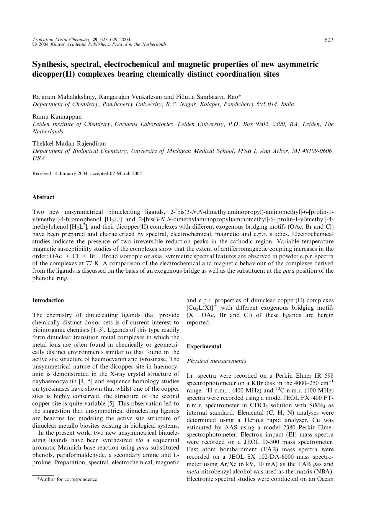 Synthesis, spectral, electrochemical and magnetic properties of new asymmetric dicopper(II) complexes bearing chemically distinct coordination sites by Unknown