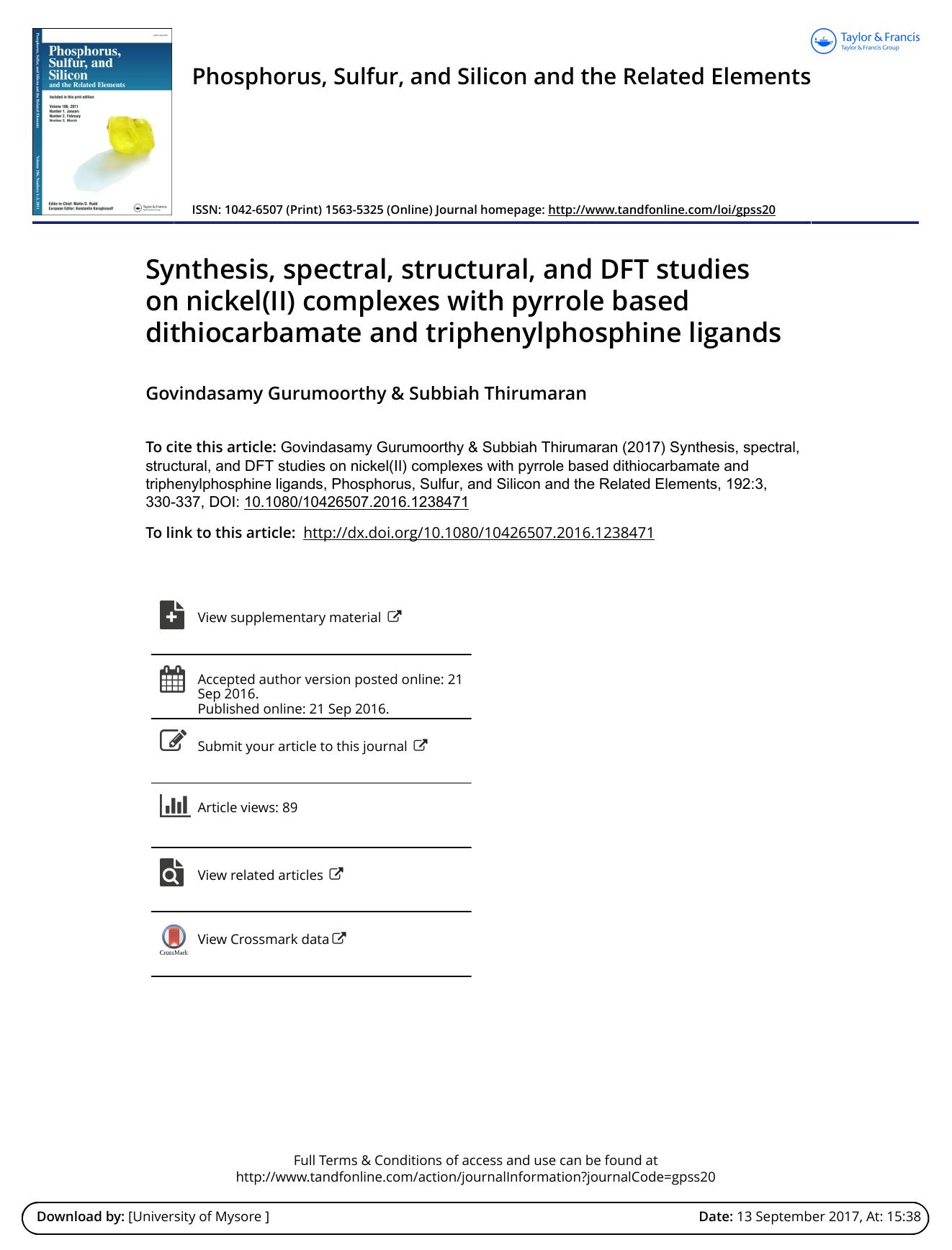 Synthesis, spectral, structural, and DFT studies on nickel(II) complexes with pyrrole based dithiocarbamate and triphenylphosphine ligands by Govindasamy Gurumoorthy & Subbiah Thirumaran