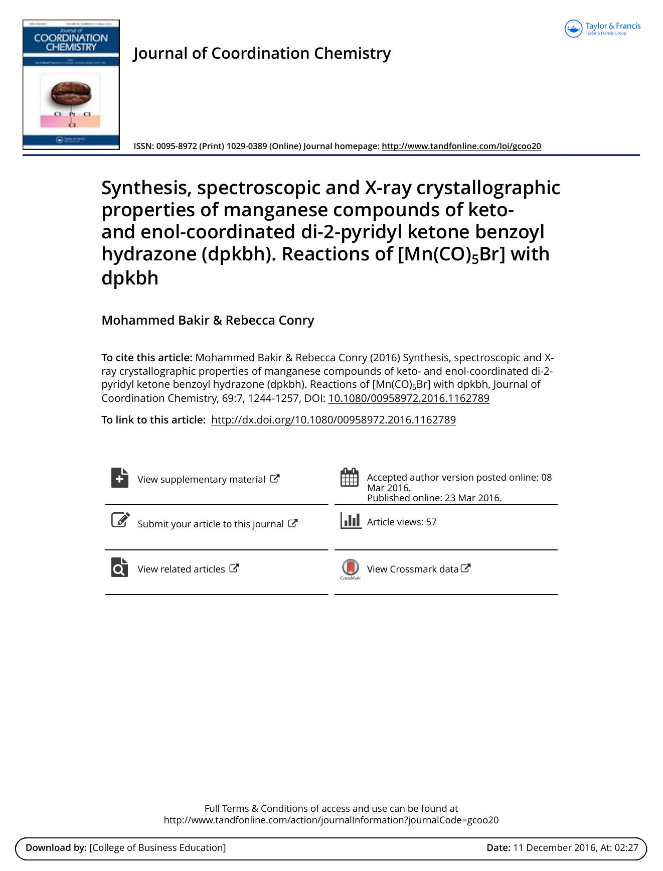 Synthesis, spectroscopic and X-ray crystallographic properties of manganese compounds of keto- and enol-coordinated di-2-pyridyl ketone benzoyl hydrazone (dpkbh). Reactions of [Mn(CO)5Br] with dpkbh by Mohammed Bakir & Rebecca Conry