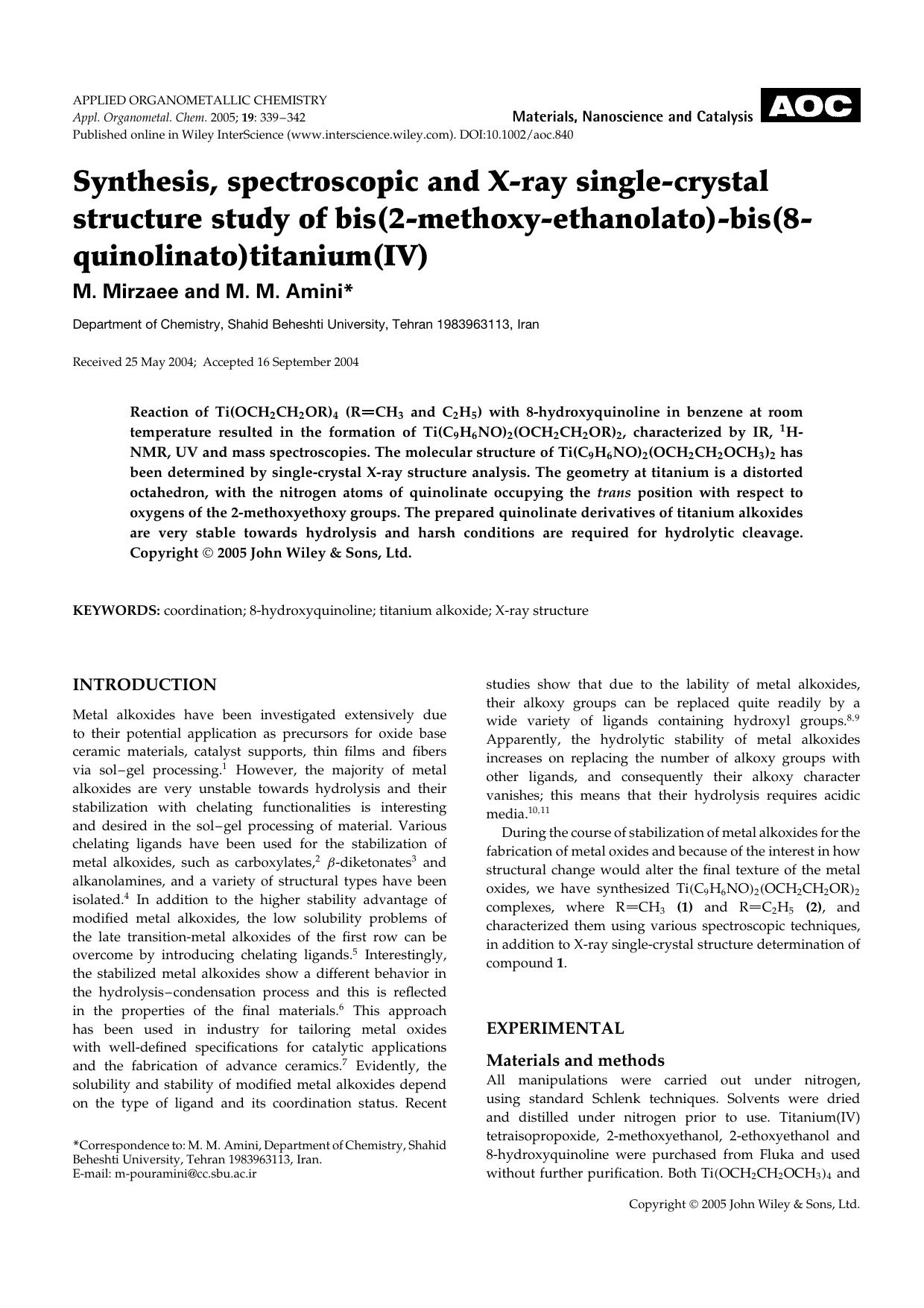 Synthesis, spectroscopic and X-ray single-crystal structure study of bis(2-methoxy-ethanolato)-bis(8-quinolinato)titanium(IV) by Unknown