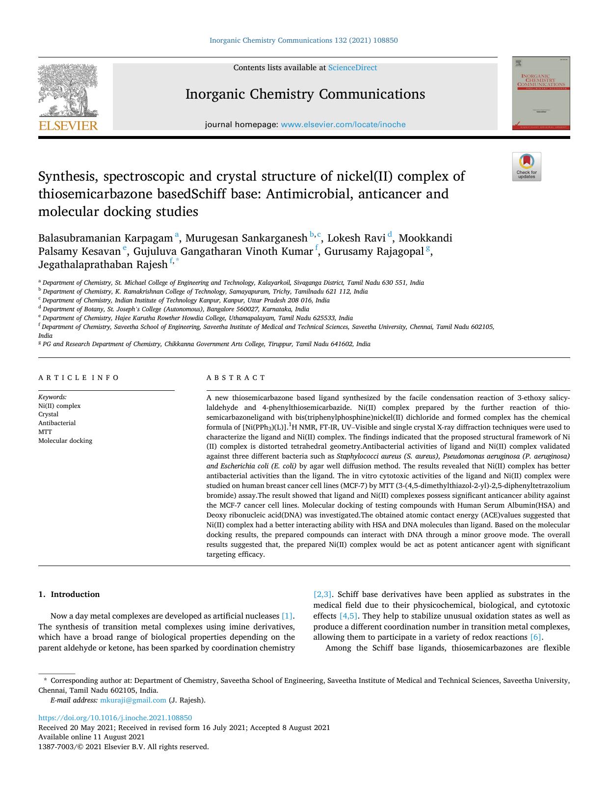 Synthesis, spectroscopic and crystal structure of nickel(II) complex of thiosemicarbazone basedSchiff base: Antimicrobial, anticancer and molecular docking studies by Balasubramanian Karpagam