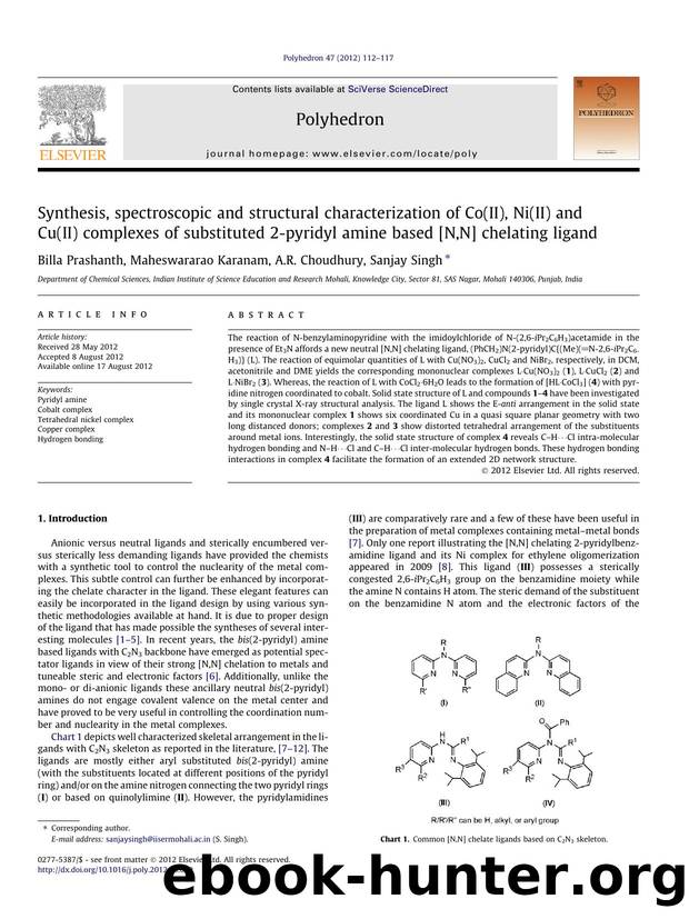Synthesis, spectroscopic and structural characterization of Co(II), Ni(II) and Cu(II) complexes of substituted 2-pyridyl amine based [N,N] chelating ligand by Billa Prashanth & Maheswararao Karanam & A.R. Choudhury & Sanjay Singh