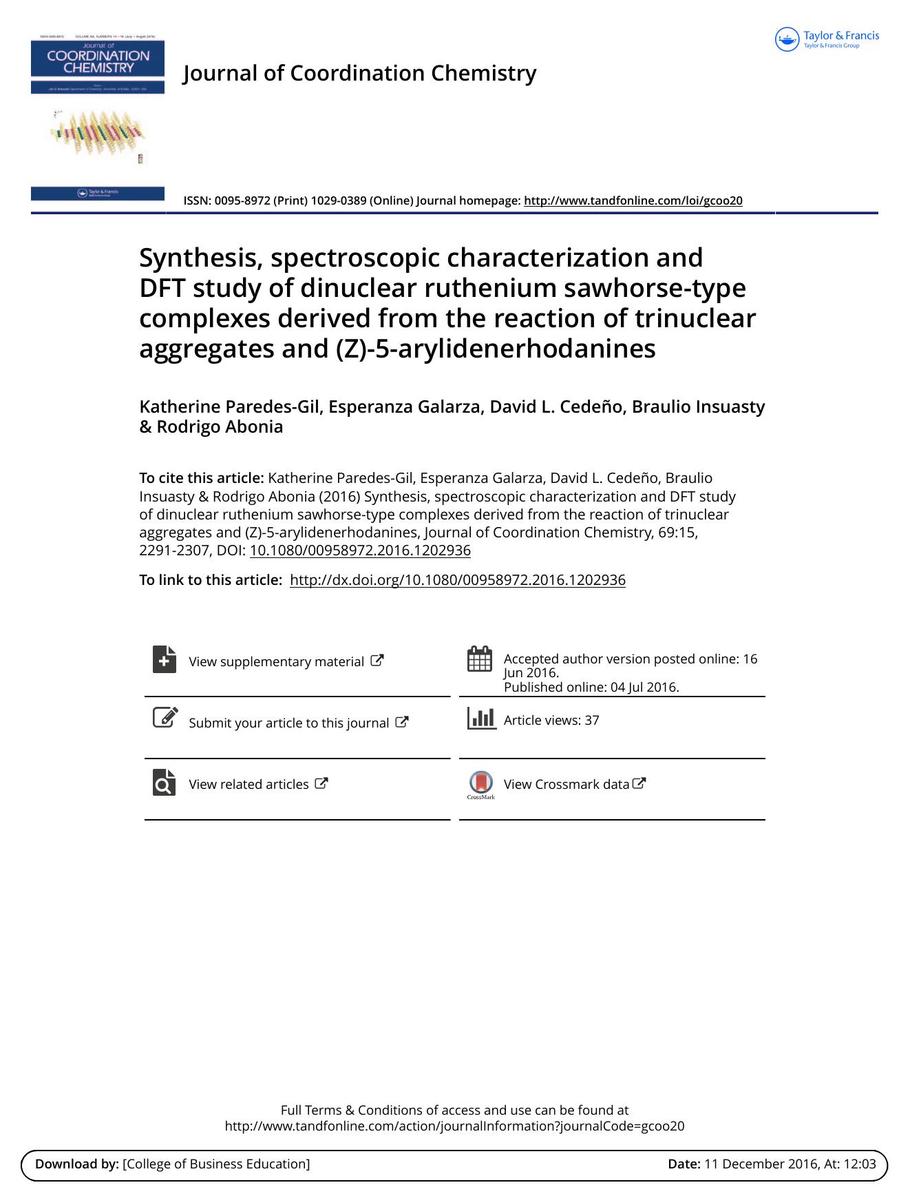 Synthesis, spectroscopic characterization and DFT study of dinuclear ruthenium sawhorse-type complexes derived from the reaction of trinuclear aggregates and (Z)-5-arylidenerhodanines by Katherine Paredes-Gil & Esperanza Galarza & David L. Cedeño & Braulio Insuasty & Rodrigo Abonia