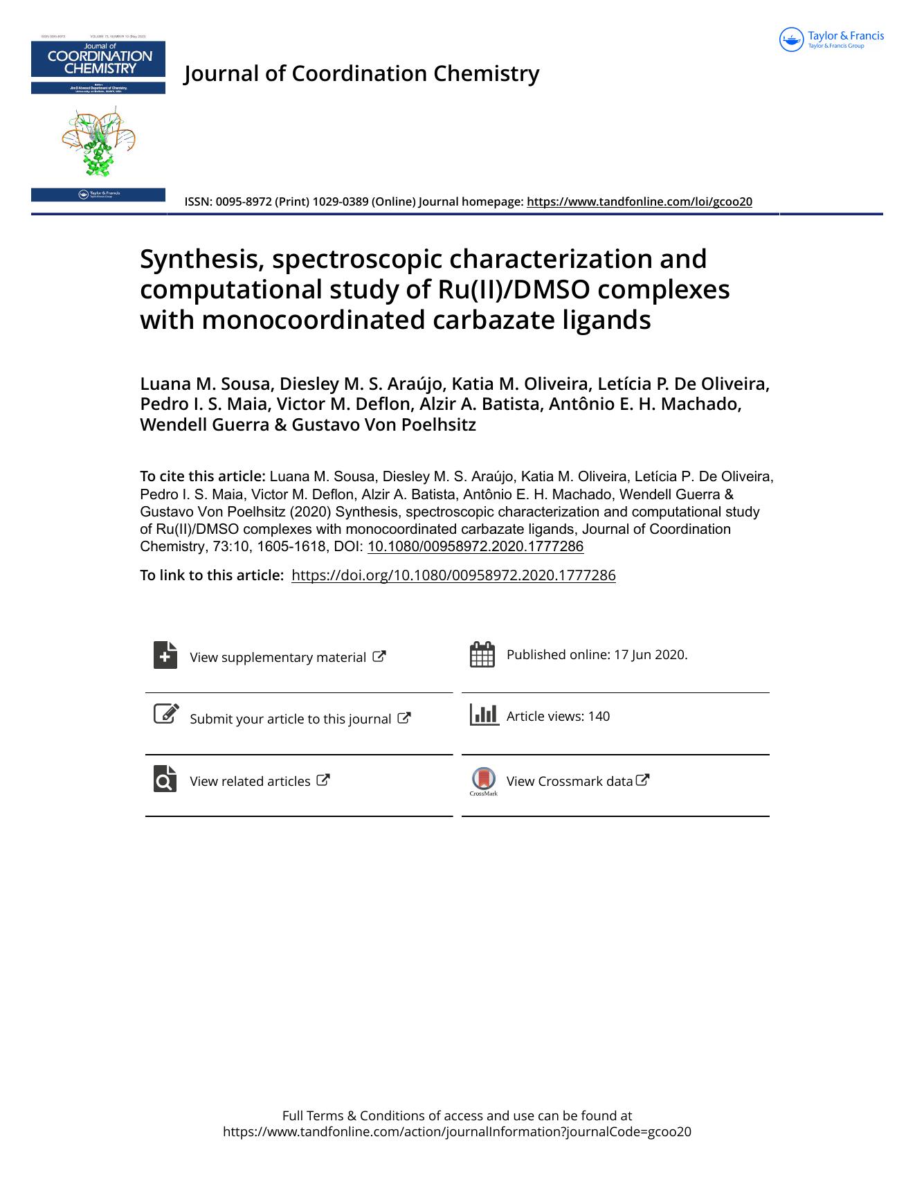 Synthesis, spectroscopic characterization and computational study of Ru(II)DMSO complexes with monocoordinated carbazate ligands by unknow