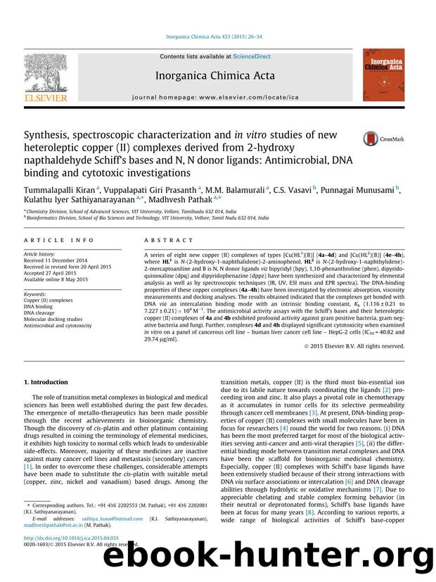 Synthesis, spectroscopic characterization and in vitro studies of new heteroleptic copper (II) complexes derived from 2-hydroxy napthaldehyde SchiffÃ¢â¬â¢s bases and N, N donor l by unknow