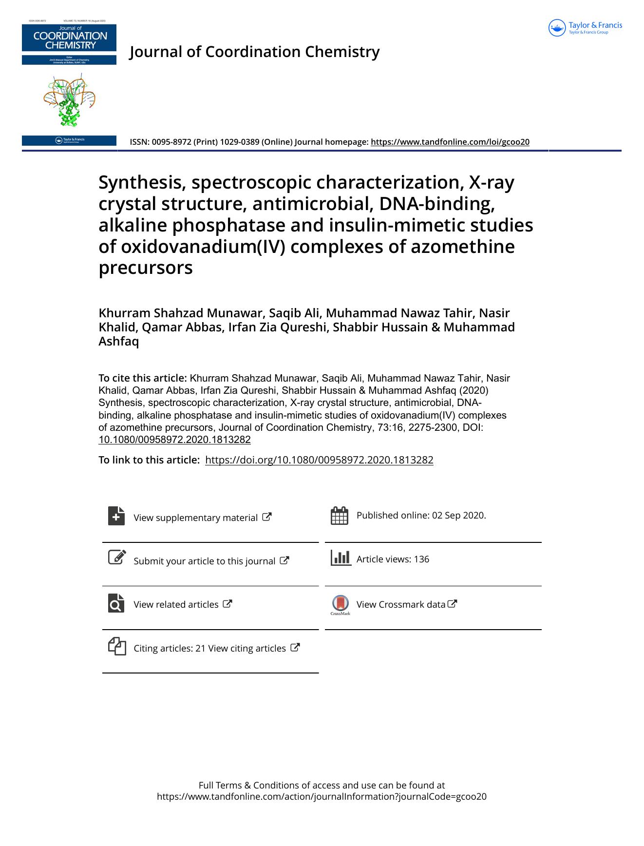 Synthesis, spectroscopic characterization, X-ray crystal structure, antimicrobial, DNA-binding, alkaline phosphatase and insulin-mimetic studies of oxidovanadium(IV) complexes of azomethine precursors by unknow