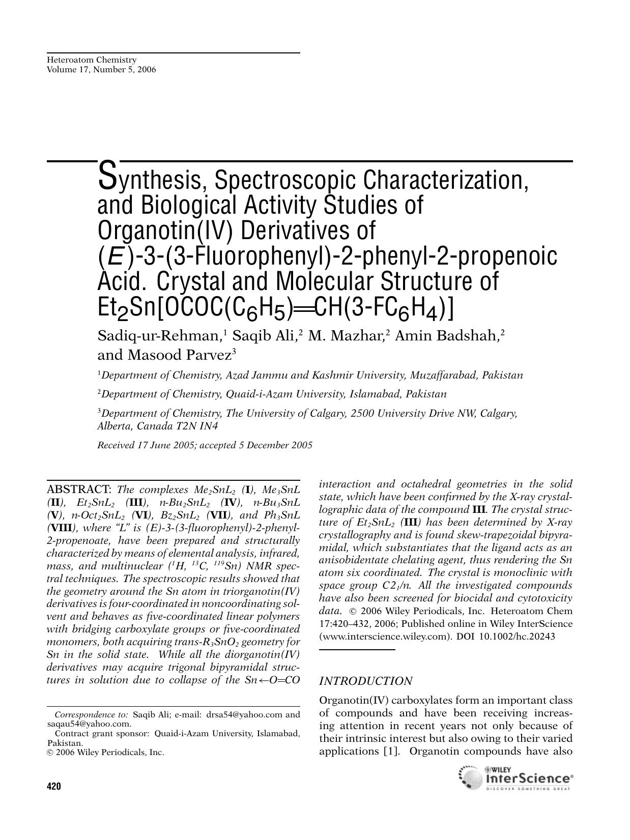 Synthesis, spectroscopic characterization, and biological activity studies of organotin(IV) derivatives of (E)-3-(3-fluorophenyl)-2-phenyl-2-propenoic acid. Crystal and molecular s by gtq
