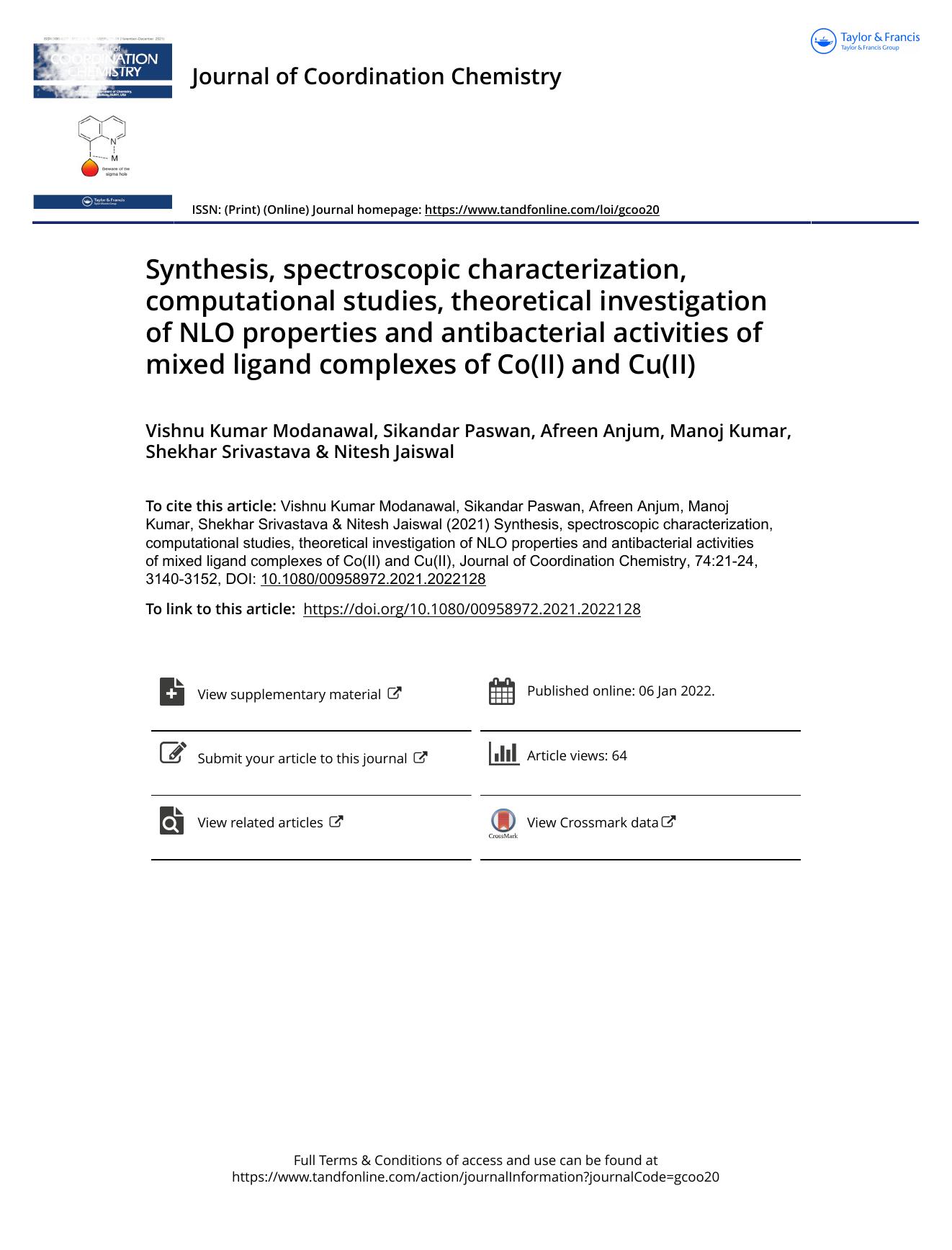 Synthesis, spectroscopic characterization, computational studies, theoretical investigation of NLO properties and antibacterial activities of mixed ligand complexes of Co(II) and Cu(II) by unknow