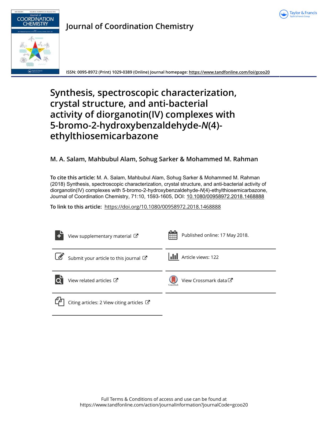 Synthesis, spectroscopic characterization, crystal structure, and anti-bacterial activity of diorganotin(IV) complexes with 5-bromo-2-hydroxybenzaldehyde-N(4)-ethylthiosemicarbazone by M. A. Salam & Mahbubul Alam & Sohug Sarker & Mohammed M. Rahman