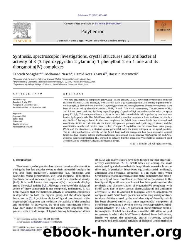 Synthesis, spectroscopic investigations, crystal structures and antibacterial activity of 3-(3-hydroxypyridin-2-ylamino)-1-phenylbut-2-en-1-one and its diorganotin(IV) complexes by Tahereh Sedaghat & Mohamad Naseh & Hamid Reza Khavasi & Hossein Motamedi