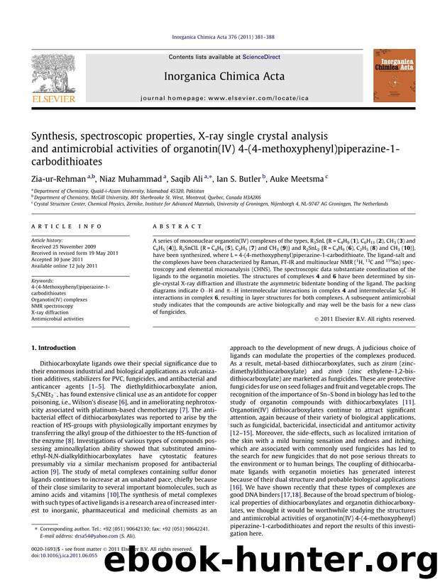 Synthesis, spectroscopic properties, X-ray single crystal analysis and antimicrobial activities of organotin(IV) 4-(4-methoxyphenyl)piperazine-1-carbodithioates by Zia-ur-Rehman & Niaz Muhammad & Saqib Ali & Ian S. Butler & Auke Meetsma