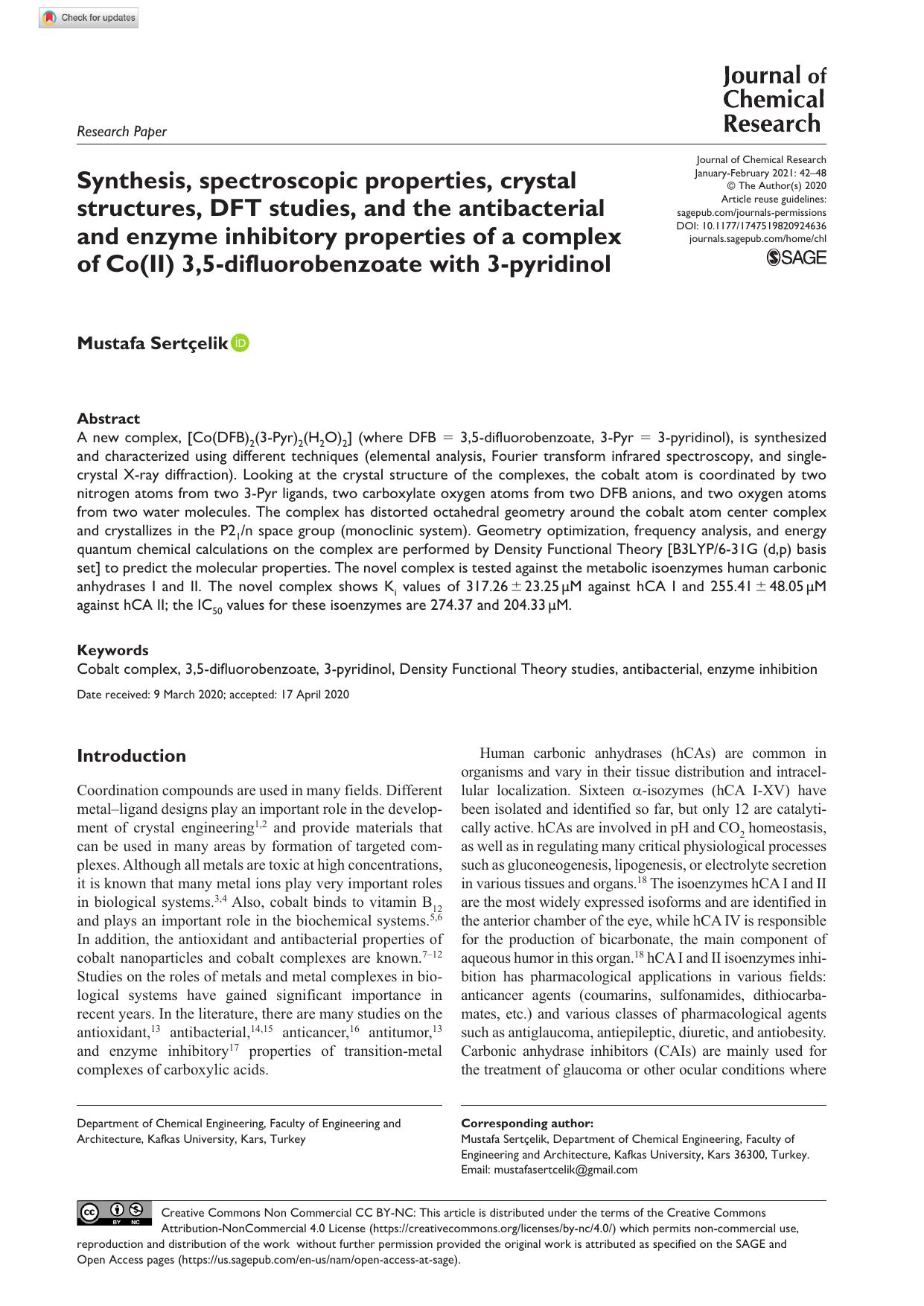 Synthesis, spectroscopic properties, crystal structures, DFT studies, and the antibacterial and enzyme inhibitory properties of a complex of Co(II) 3,5-difluorobenzoate with 3-pyridinol by Mustafa Sertçelik