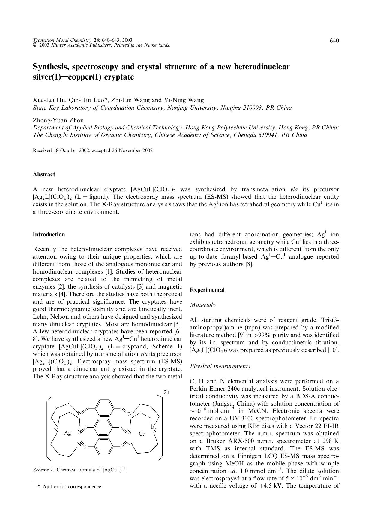 Synthesis, spectroscopy and crystal structure of a new heterodinuclear silver(I)—copper(I) cryptate by Unknown