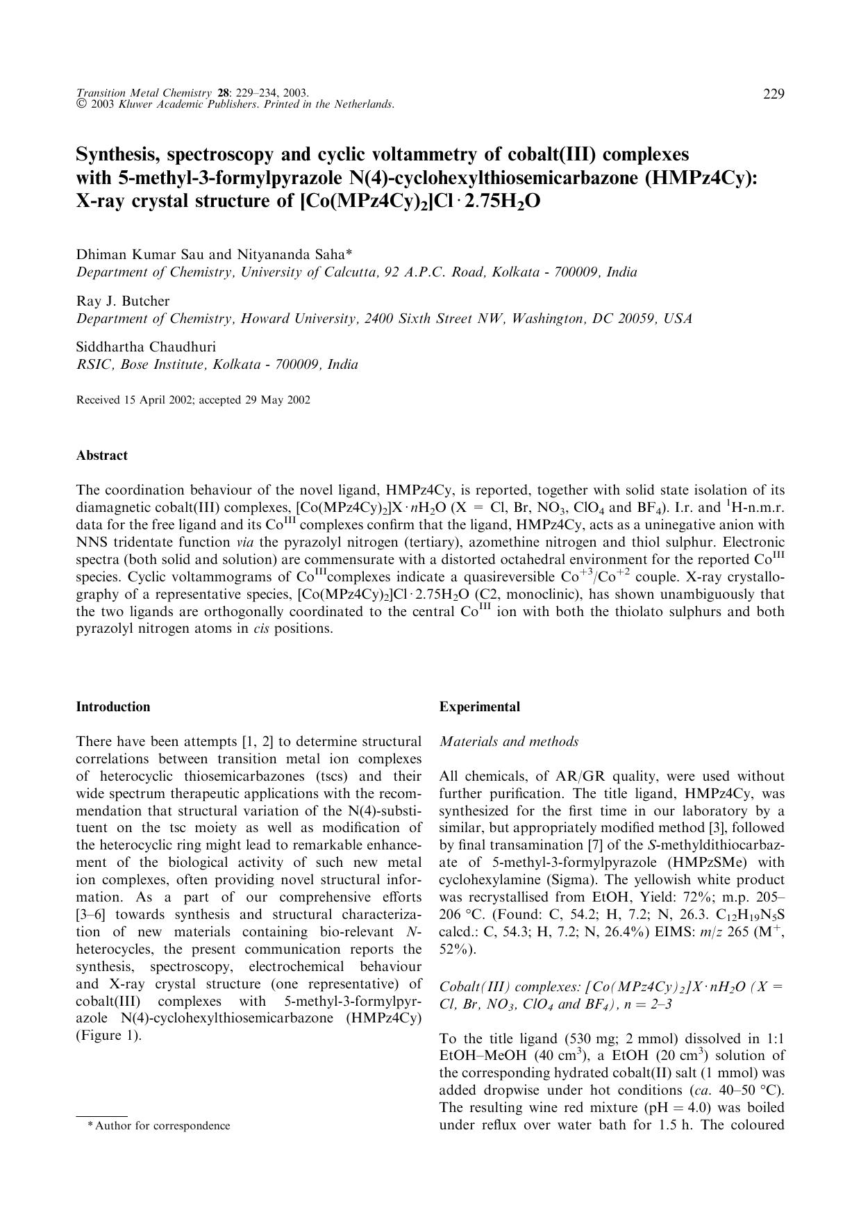 Synthesis, spectroscopy and cyclic voltammetry of cobalt(III) complexes with 5-methyl-3-formylpyrazole N(4)-cyclohexylthiosemicarbazone (HMPz4Cy): X-ray crystal structure of [Co(MP by Unknown