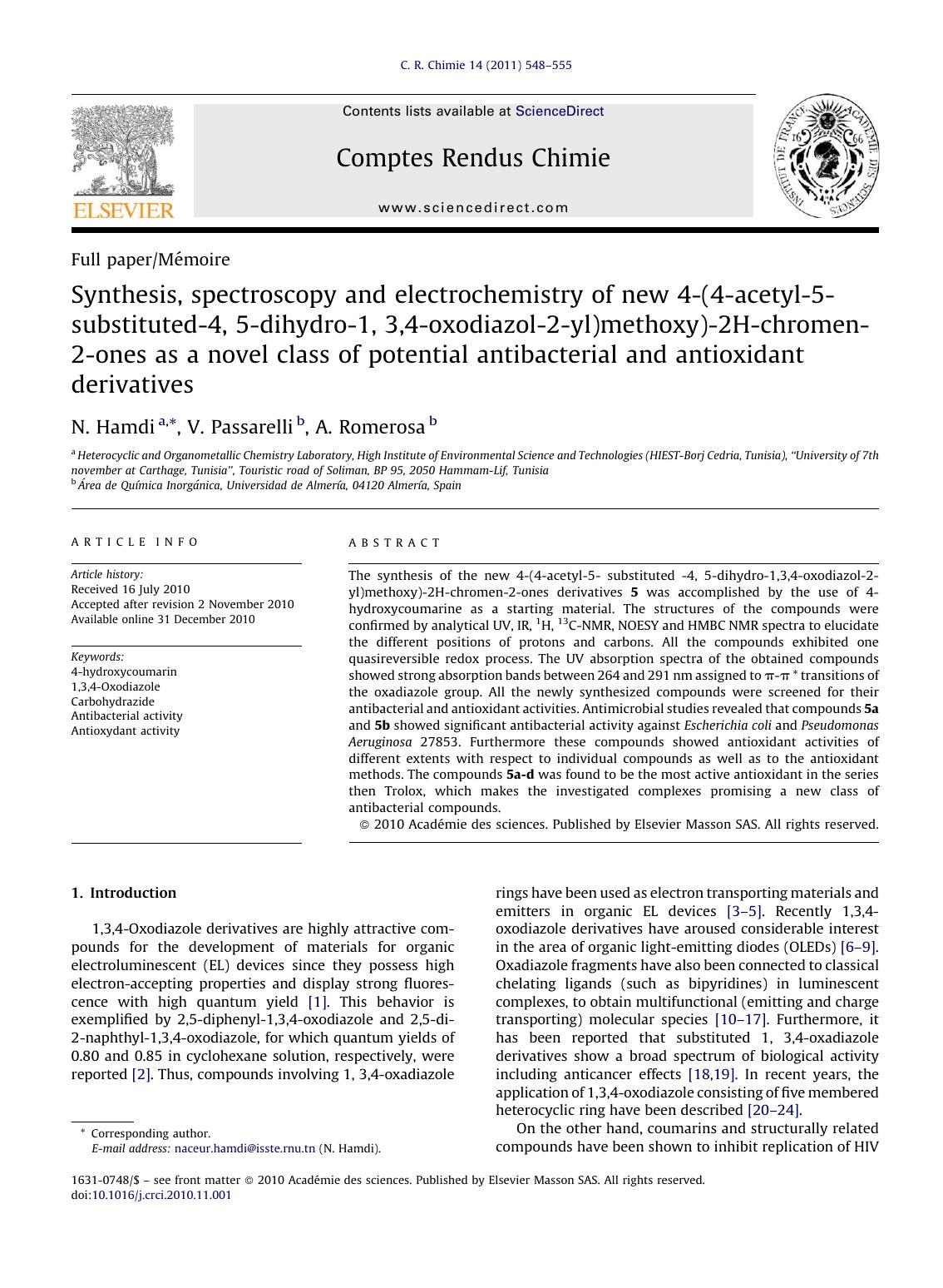 Synthesis, spectroscopy and electrochemistry of new 4-(4-acetyl-5- substituted-4, 5-dihydro-1, 3,4-oxodiazol-2-yl)methoxy)-2H-chromen-2-ones as a novel class of potential antibacte by N. Hamdi