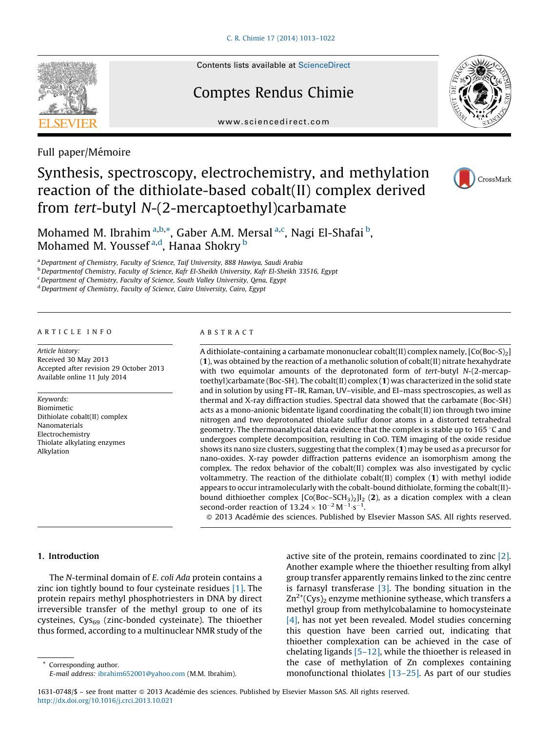 Synthesis, spectroscopy, electrochemistry, and methylation reaction of the dithiolate-based cobalt(II) complex derived from tert-butyl N-(2-mercaptoethyl)carbamate by Mohamed M. Ibrahim & Gaber A.M. Mersal & Nagi El-Shafai & Mohamed M. Youssef & Hanaa Shokry