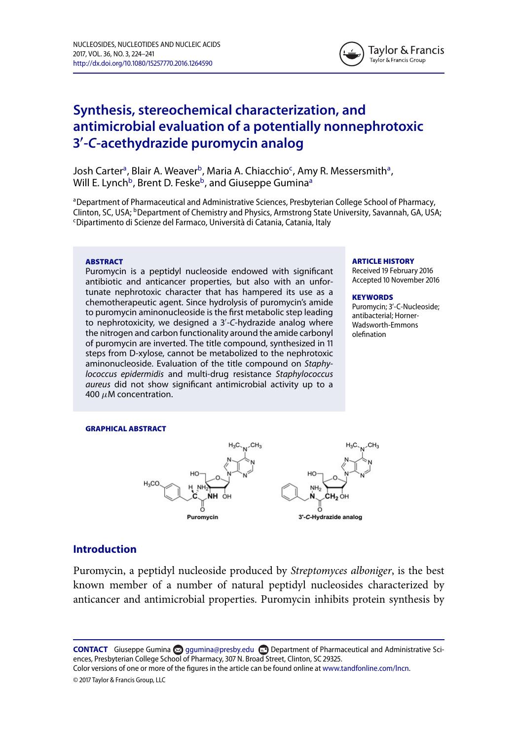 Synthesis, stereochemical characterization, and antimicrobial evaluation of a potentially nonnephrotoxic 3-C-acethydrazide puromycin analog by unknow
