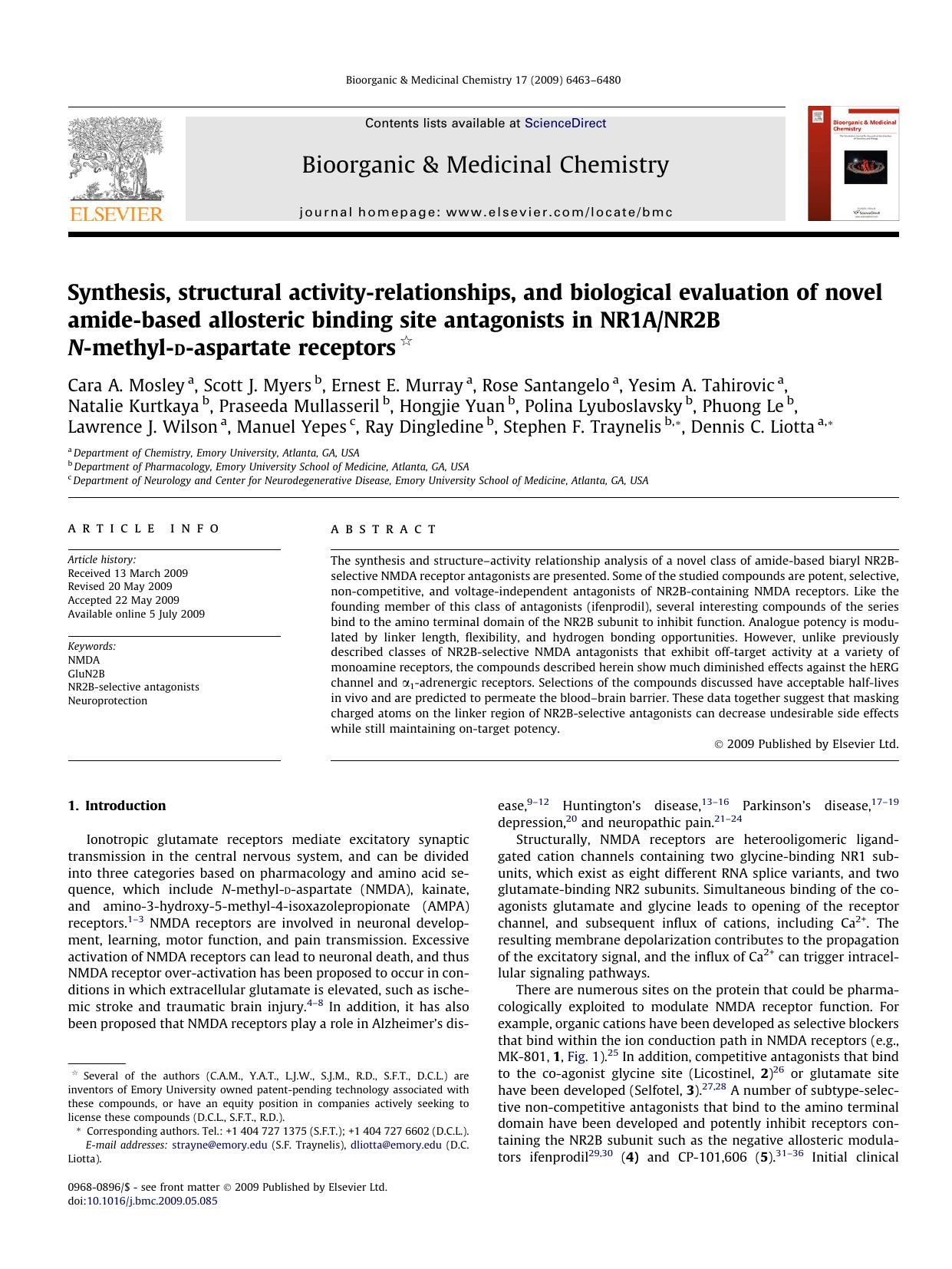 Synthesis, structural activity-relationships, and biological evaluation of novel amide-based allosteric binding site antagonists in NR1ANR2B N-methyl-d-aspartate receptors by unknow