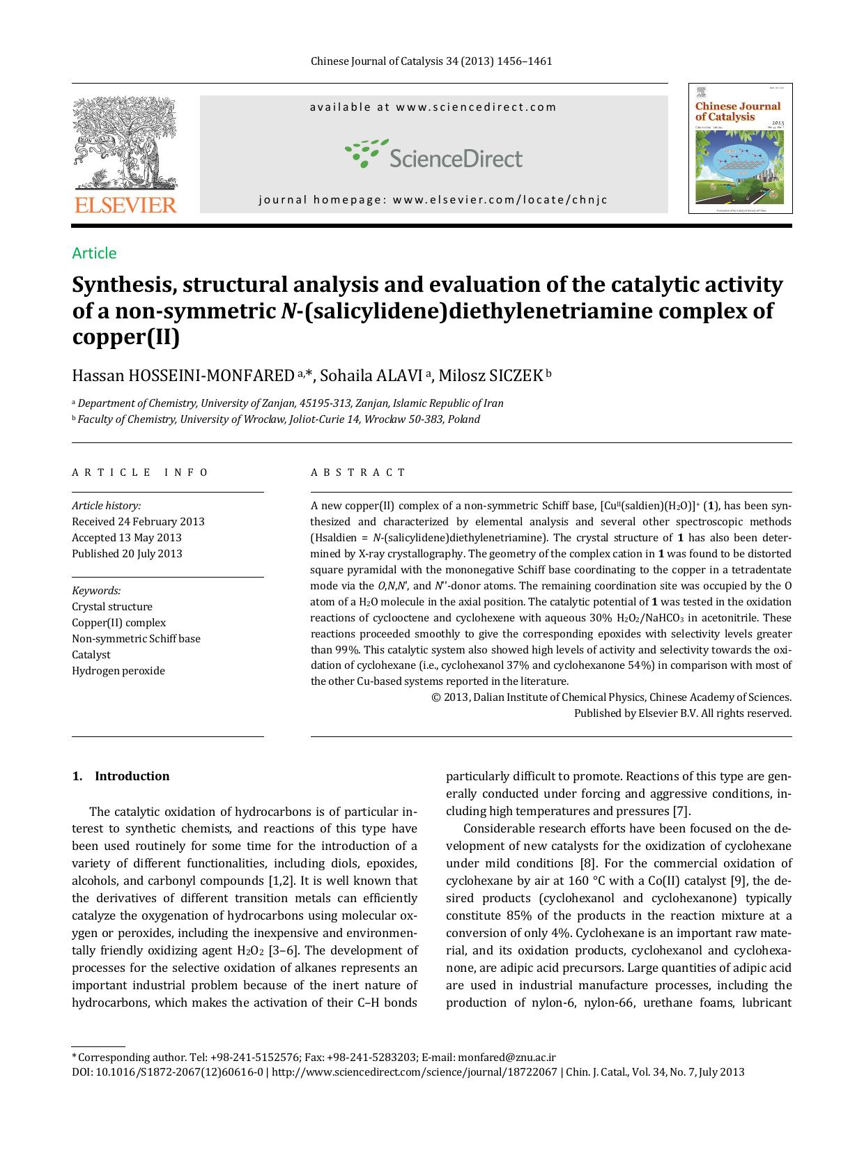 Synthesis, structural analysis and evaluation of the catalytic activity of a non-symmetric N-(salicylidene)diethylenetriamine complex of copper(II) by Hassan HOSSEINI-MONFARED & Sohaila ALAVI & Milosz SICZEK