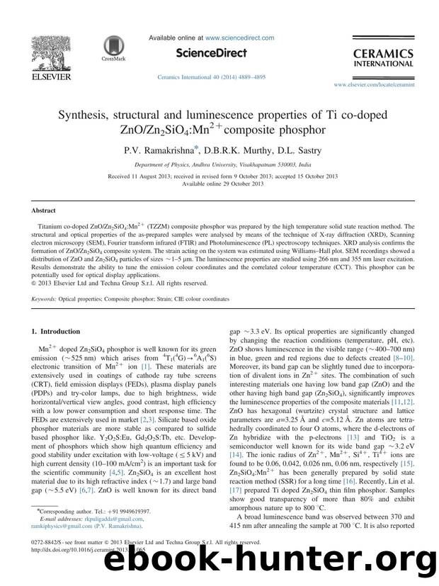 Synthesis, structural and luminescence properties of Ti co-doped ZnOZn2SiO4_Mn2+composite phosphor by P.V. Ramakrishna & D.B.R.K. Murthy & D.L. Sastry