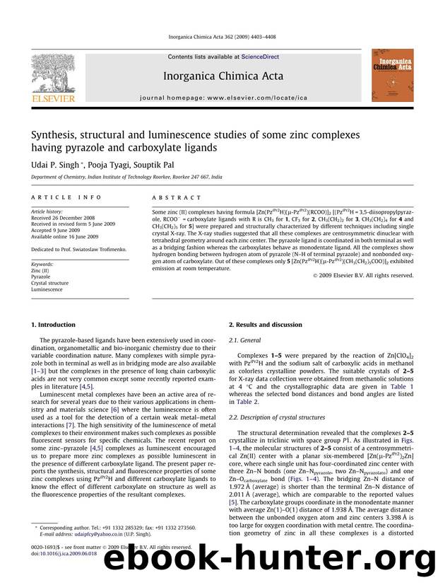 Synthesis, structural and luminescence studies of some zinc complexes having pyrazole and carboxylate ligands by Udai P. Singh; Pooja Tyagi; Souptik Pal
