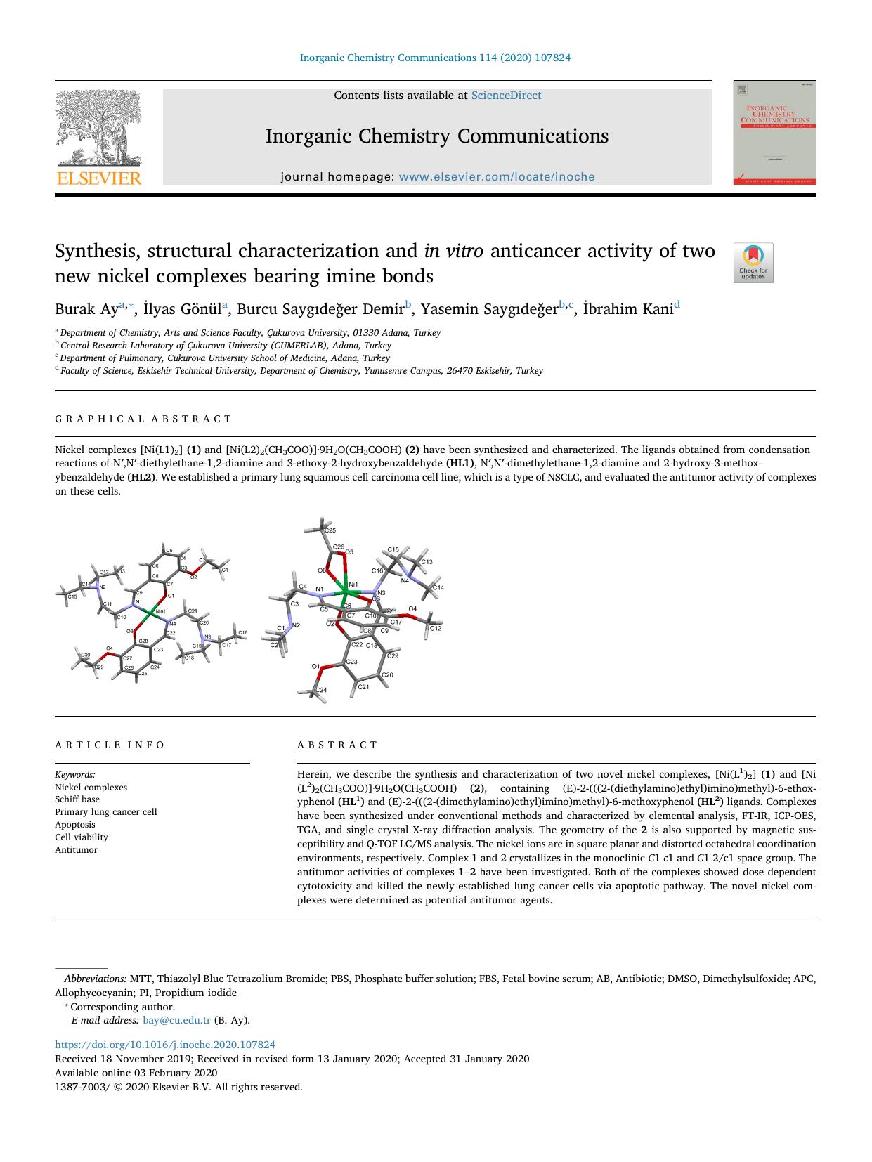 Synthesis, structural characterization and in vitro anticancer activity of two new nickel complexes bearing imine bonds by Burak Ay & İlyas Gönül & Burcu Saygıdeğer Demir & Yasemin Saygıdeğer & İbrahim Kani
