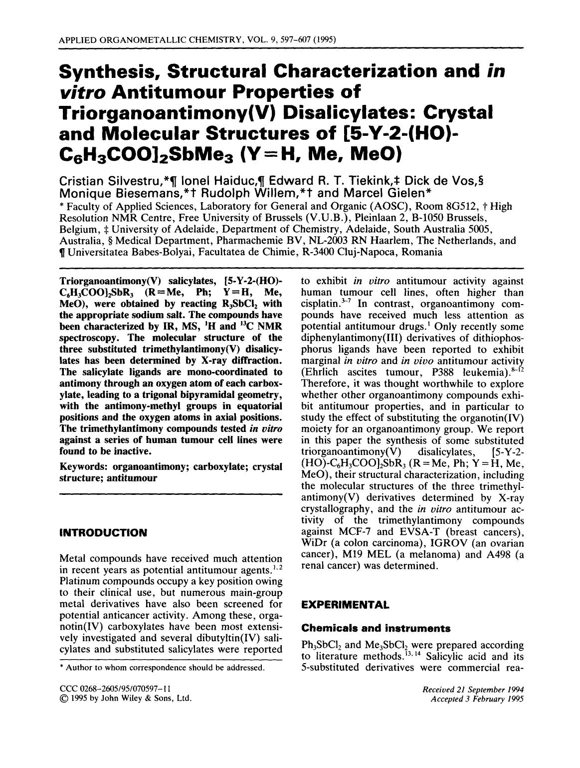 Synthesis, structural characterization and in vitro antitumour properties of triorganoantimony(V) disalicylates: Crystal and molecular structures of [5-Y-2-(ho)-C6H3COO]2SbMe3 (Y[d by Unknown