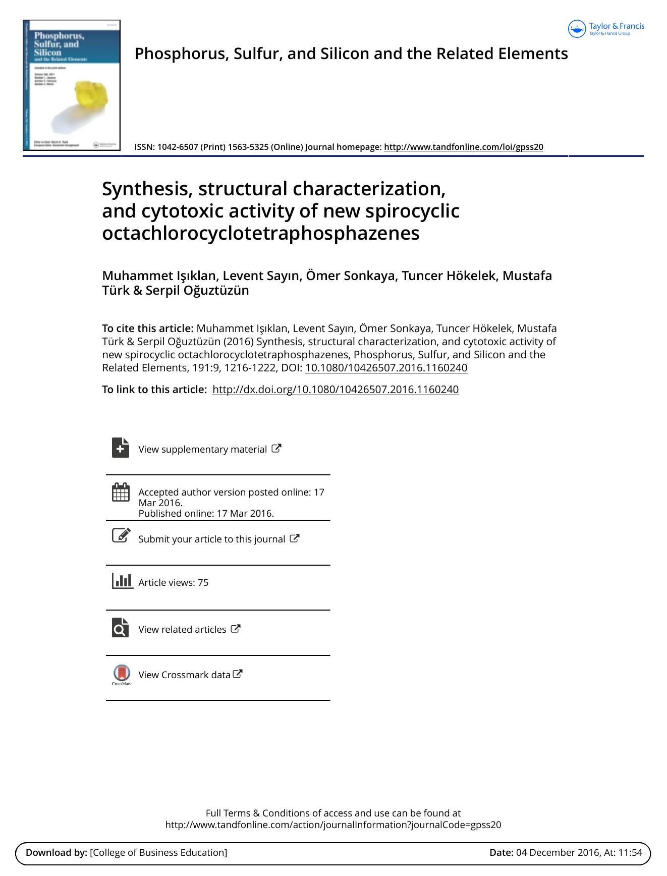 Synthesis, structural characterization, and cytotoxic activity of new spirocyclic octachlorocyclotetraphosphazenes by Muhammet Isklan & Levent Sayn & Omer Sonkaya & Tuncer Hokelek & Mustafa Turk & Serpil Oguztuzun