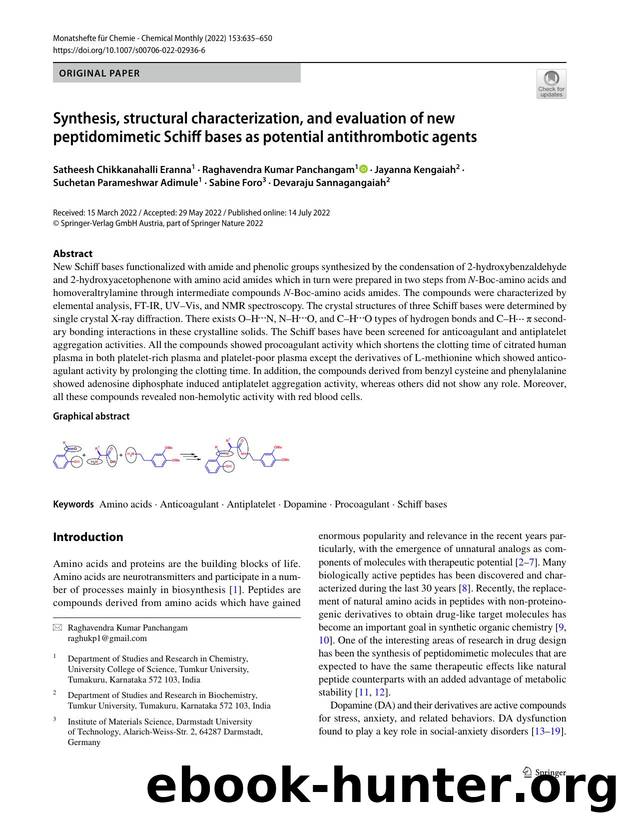 Synthesis, structural characterization, and evaluation of new peptidomimetic Schiff bases as potential antithrombotic agents by unknow