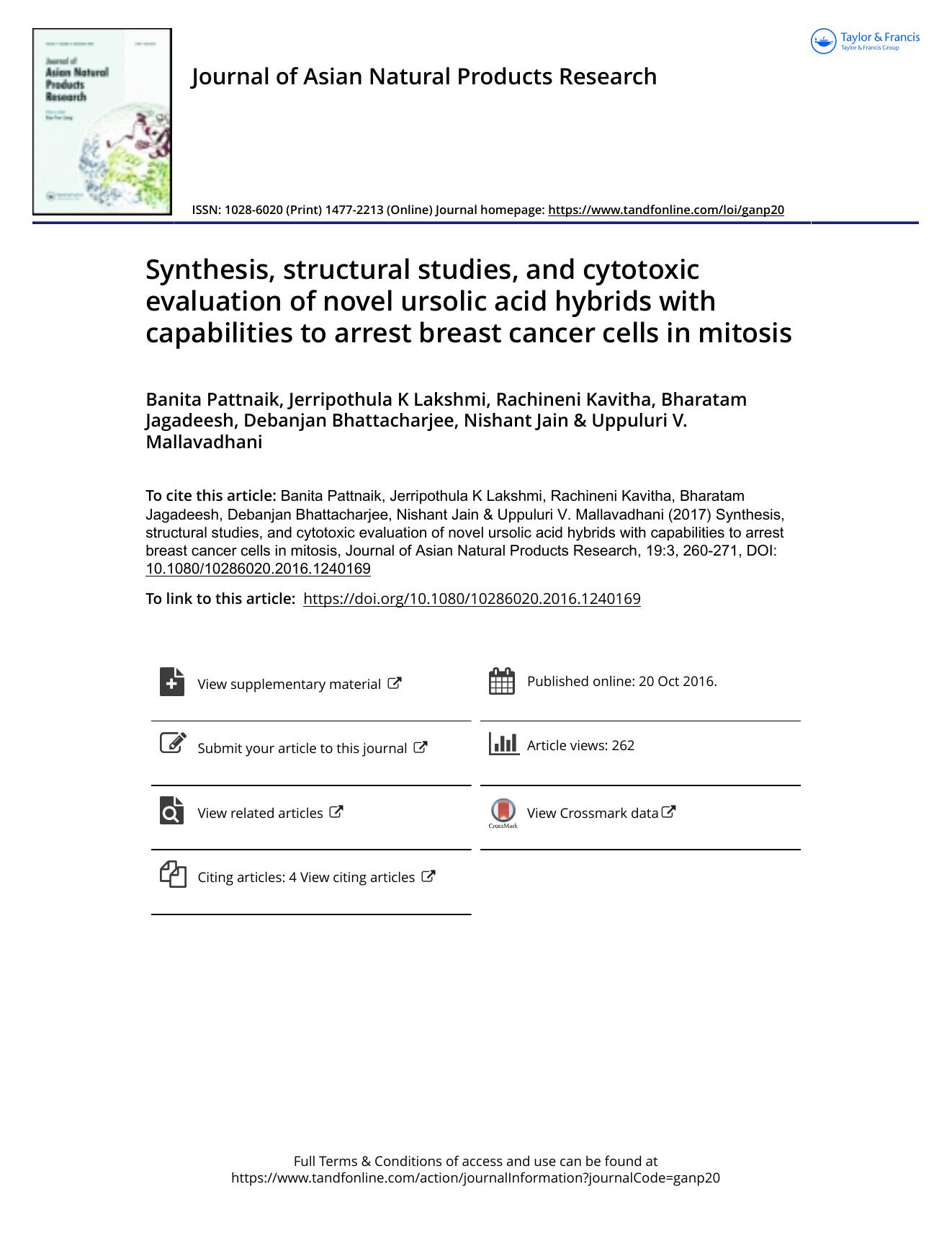 Synthesis, structural studies, and cytotoxic evaluation of novel ursolic acid hybrids with capabilities to arrest breast cancer cells in mitosis by unknow