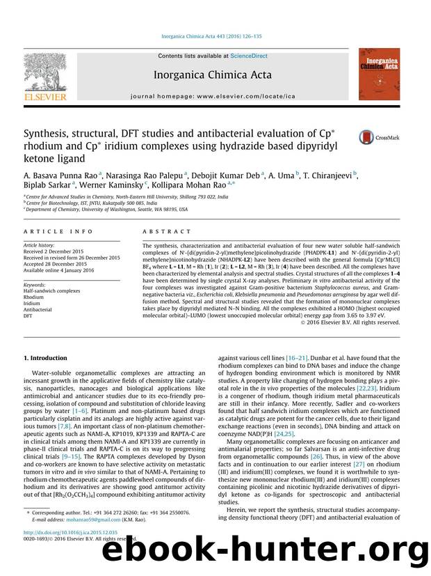 Synthesis, structural, DFT studies and antibacterial evaluation of CpÃ¢Ëâ rhodium and CpÃ¢Ëâ iridium complexes using hydrazide based dipyridyl ketone ligand by unknow