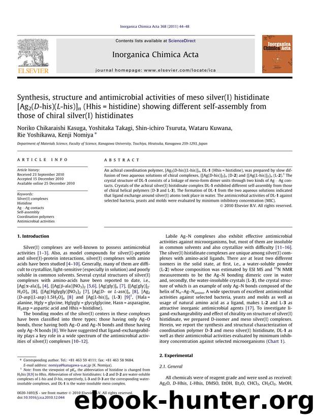 Synthesis, structure and antimicrobial activities of meso silver(I) histidinate [Ag2(D-his)(L-his)]n (Hhis=histidine) showing different self-assembly from those of chiral silver(I) histidinates by unknow