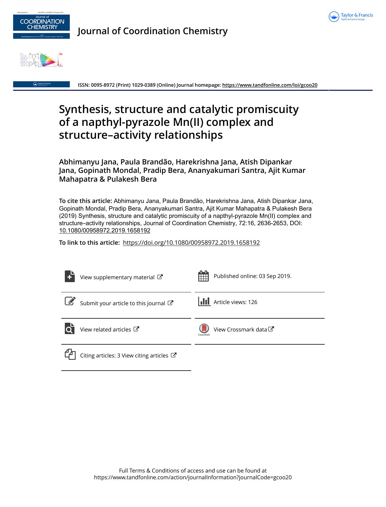 Synthesis, structure and catalytic promiscuity of a napthyl-pyrazole Mn(II) complex and structureâactivity relationships by unknow