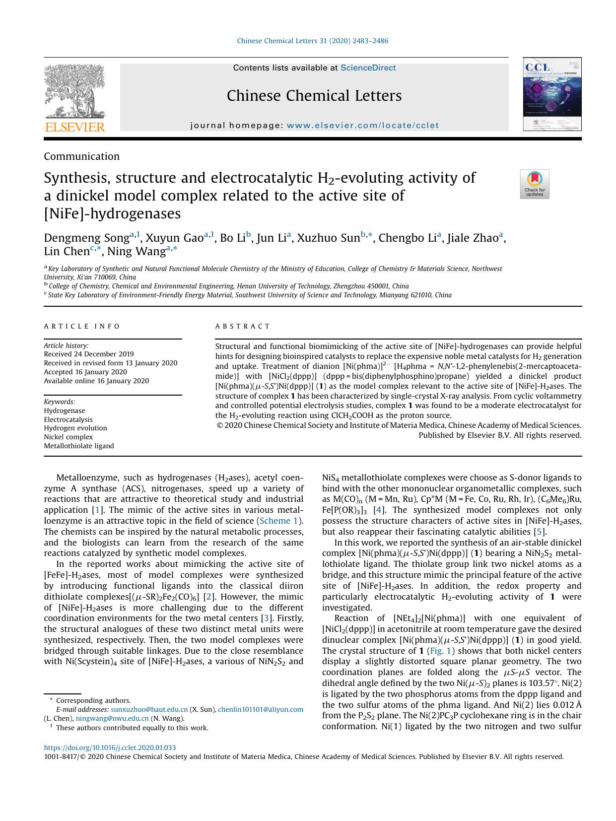 Synthesis, structure and electrocatalytic H2-evoluting activity of a dinickel model complex related to the active site of [NiFe]-hydrogenases by Dengmeng Song